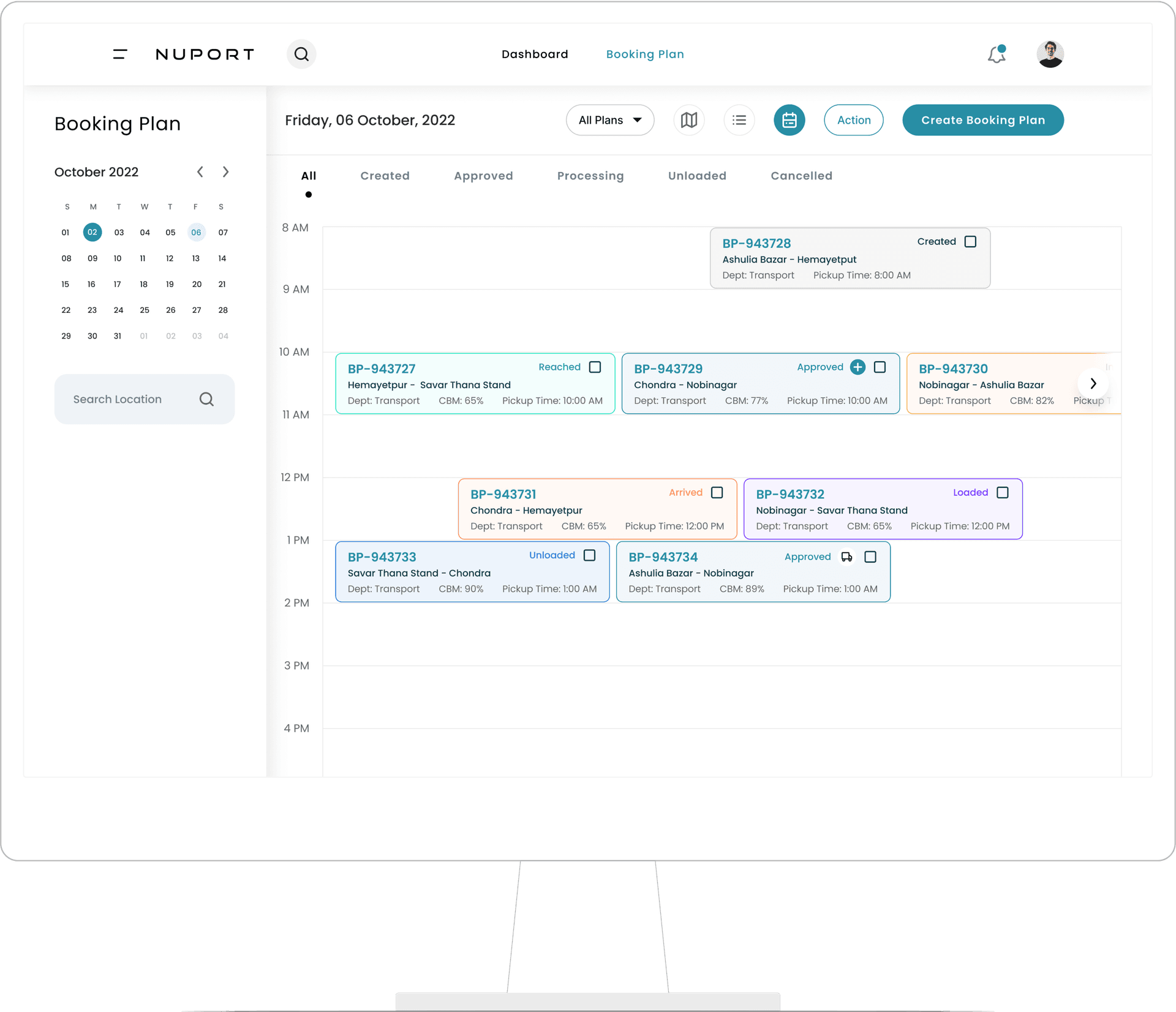 Nuport transport management system screen